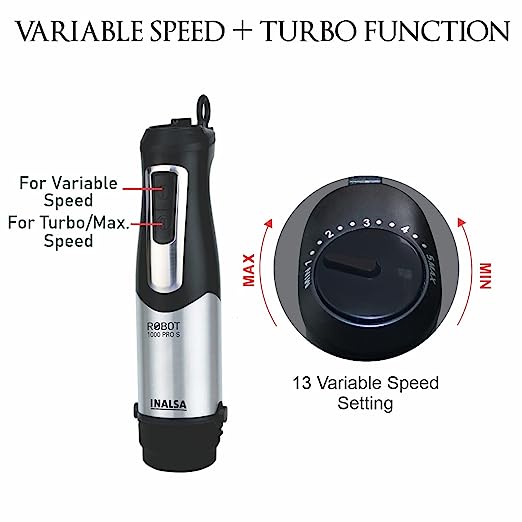 INALSA Hand Blender Robot 1000 Pro S-1000 Watts| Super Silent DC Motor| Variable Speed Control| Detachable Stem for Cleaning & Storage|(Black/Silver) INALSA Hand Blender Robot 1000 Pro S-1000 Watts| Super Silent DC Motor| Variable Speed Control| Detachable Stem for Cleaning & Storage|(Black/Silver)